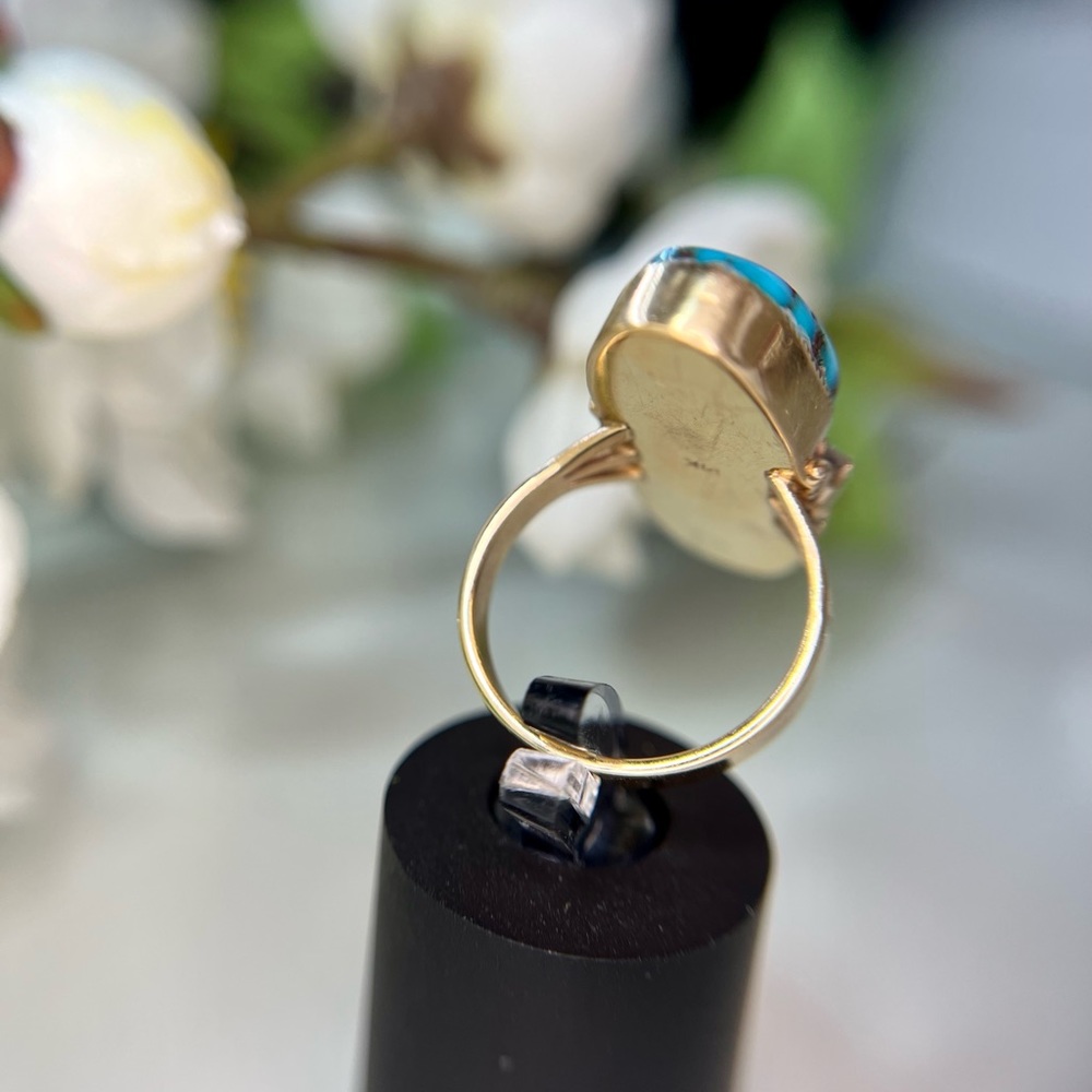 Vintage 14k Yellow Gold Turquoise Diamond Ring - Picture 10 of 15